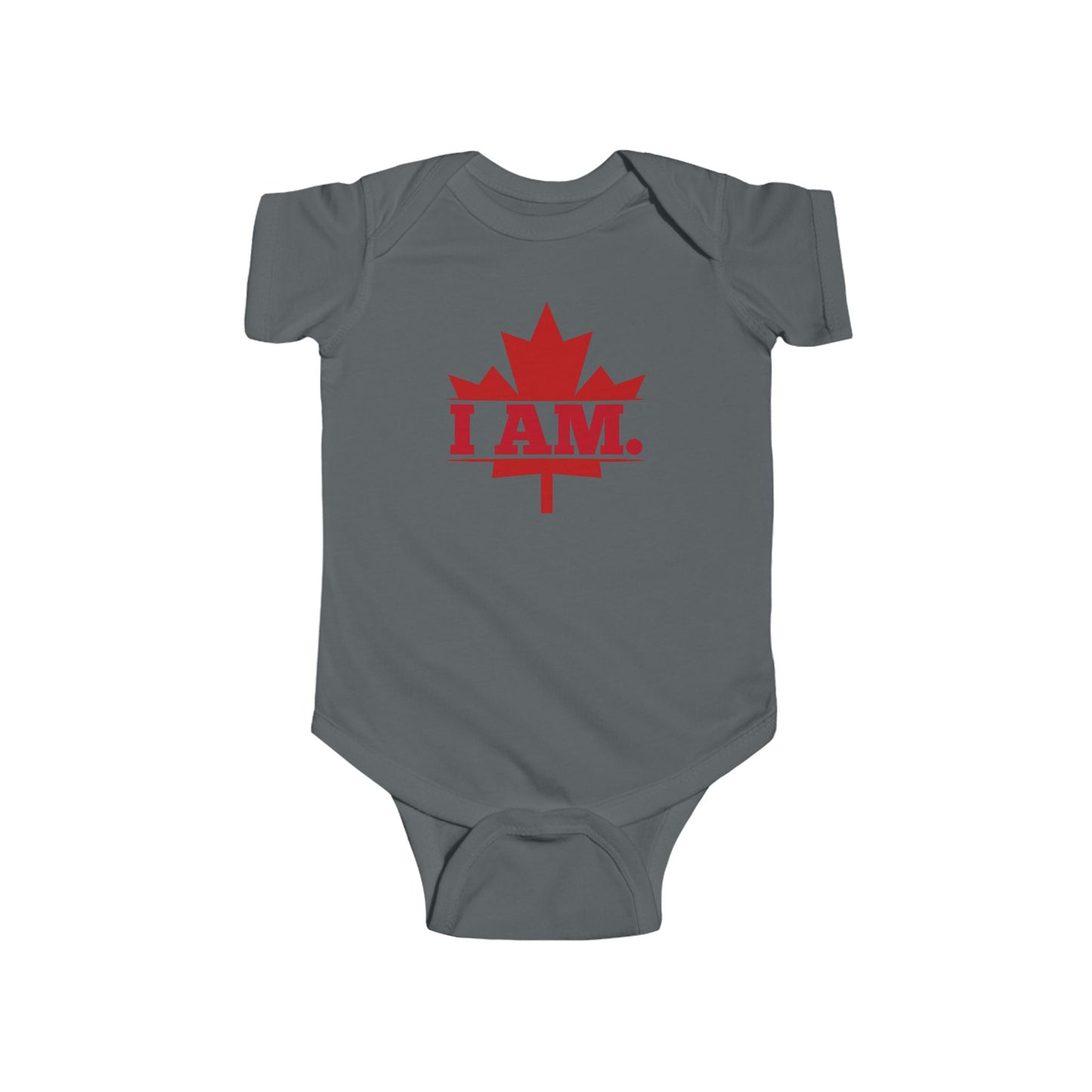On the front of this custom infant short sleeve onesie is a image of a Canadian Maple leaf with the words I AM in the center of it in large block letters.