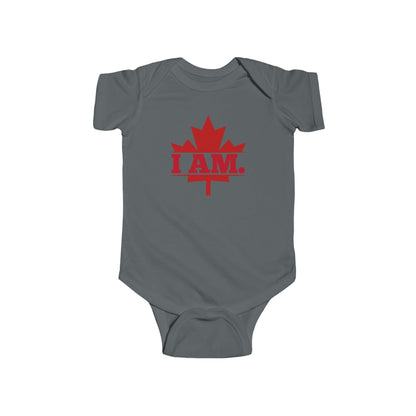 On the front of this custom infant short sleeve onesie is a image of a Canadian Maple leaf with the words I AM in the center of it in large block letters.