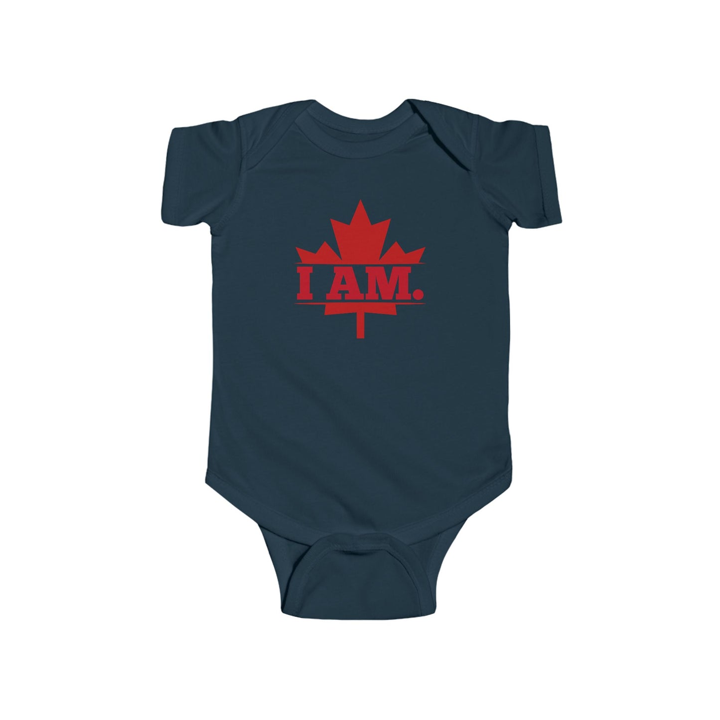 On the front of this custom infant short sleeve onesie is a image of a Canadian Maple leaf with the words I AM in the center of it in large block letters.
