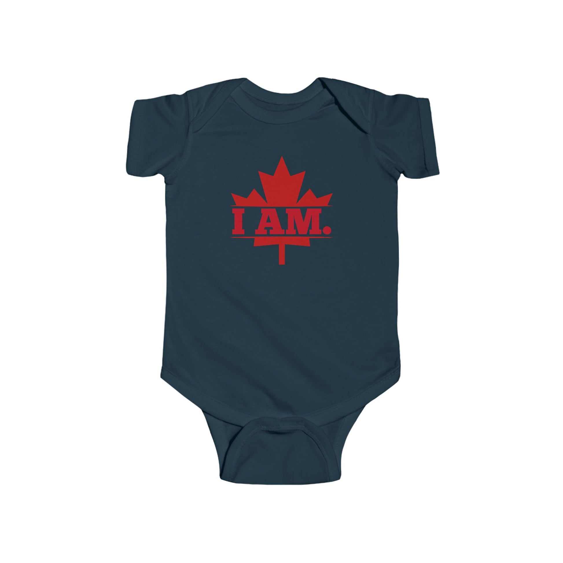 On the front of this custom infant short sleeve onesie is a image of a Canadian Maple leaf with the words I AM in the center of it in large block letters.