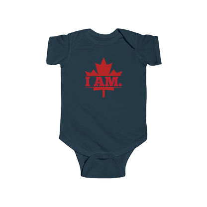 On the front of this custom infant short sleeve onesie is a image of a Canadian Maple leaf with the words I AM in the center of it in large block letters.