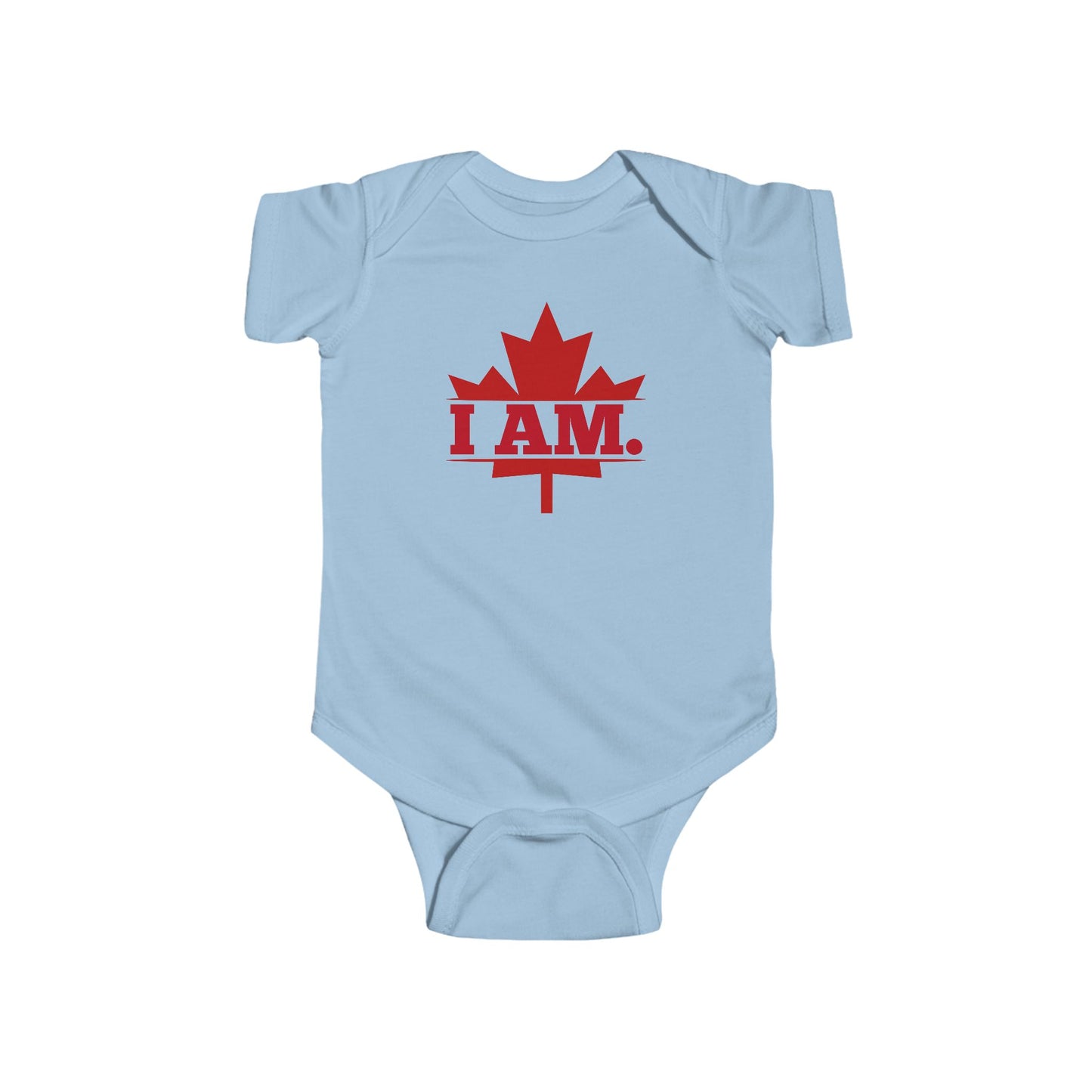 On the front of this custom infant short sleeve onesie is a image of a Canadian Maple leaf with the words I AM in the center of it in large block letters.