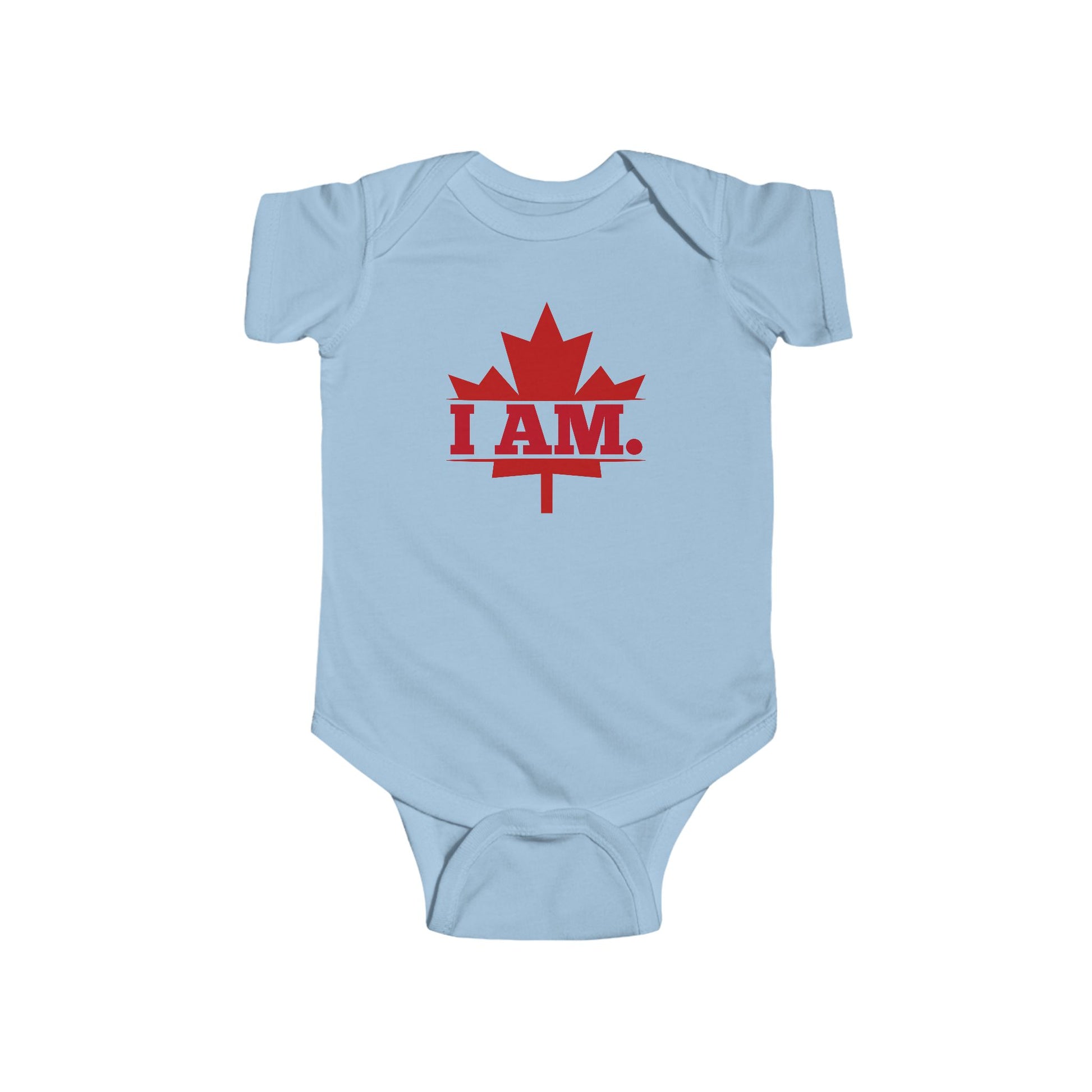 On the front of this custom infant short sleeve onesie is a image of a Canadian Maple leaf with the words I AM in the center of it in large block letters.