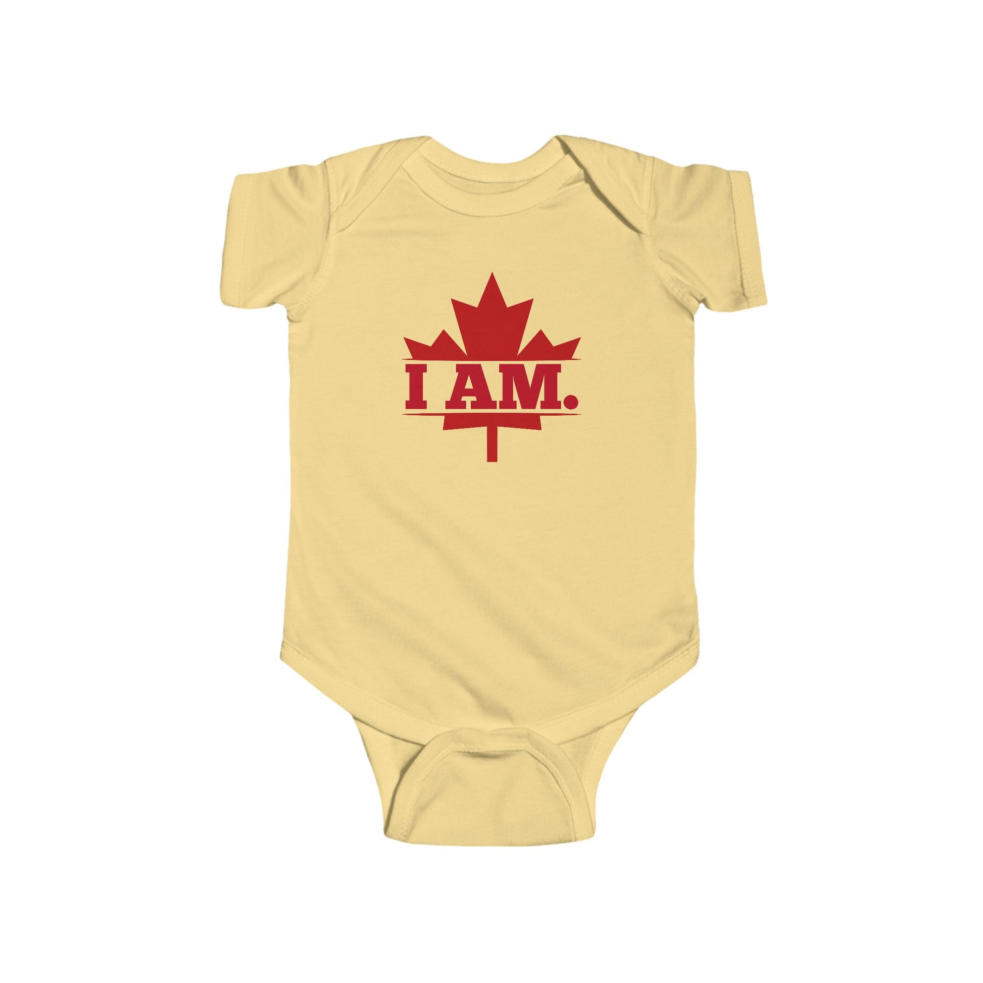 On the front of this custom infant short sleeve onesie is a image of a Canadian Maple leaf with the words I AM in the center of it in large block letters.