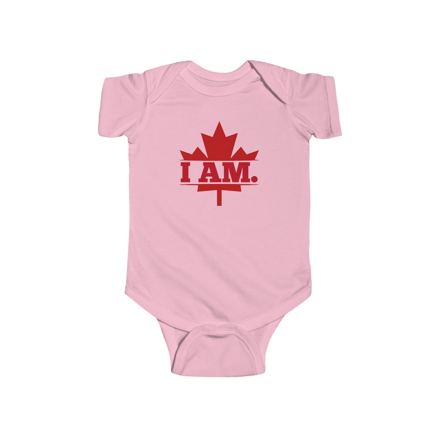 On the front of this custom infant short sleeve onesie is a image of a Canadian Maple leaf with the words I AM in the center of it in large block letters.