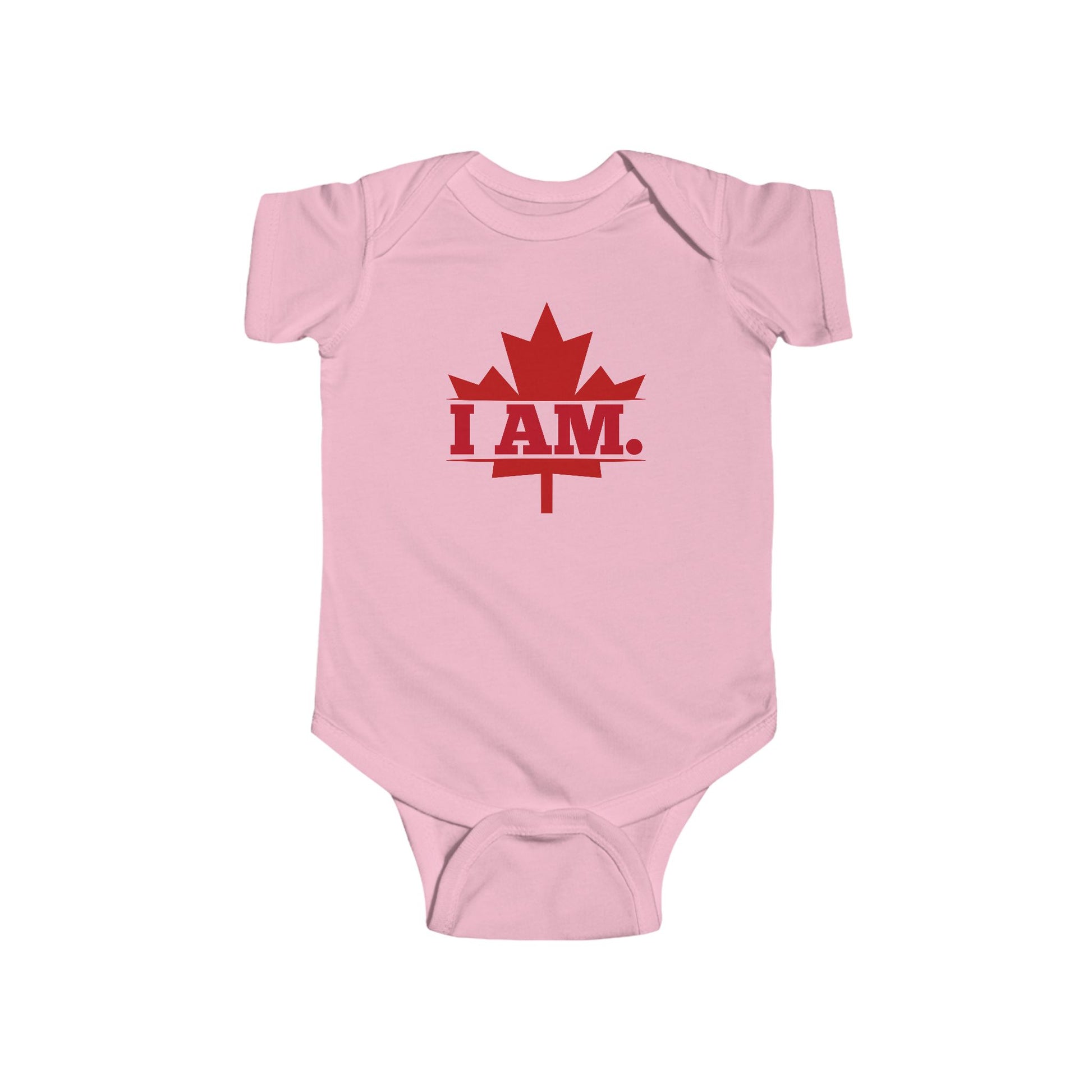 On the front of this custom infant short sleeve onesie is a image of a Canadian Maple leaf with the words I AM in the center of it in large block letters.