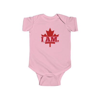 On the front of this custom infant short sleeve onesie is a image of a Canadian Maple leaf with the words I AM in the center of it in large block letters.