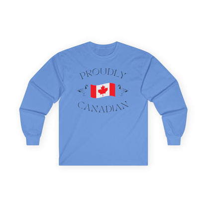 On the front of this Canadian made unisex custom long sleeve t-shirt are the words Proudly Canadian in large font with an image of a Canadian flag in the center, there are two Canadian geese on either side of the flag.