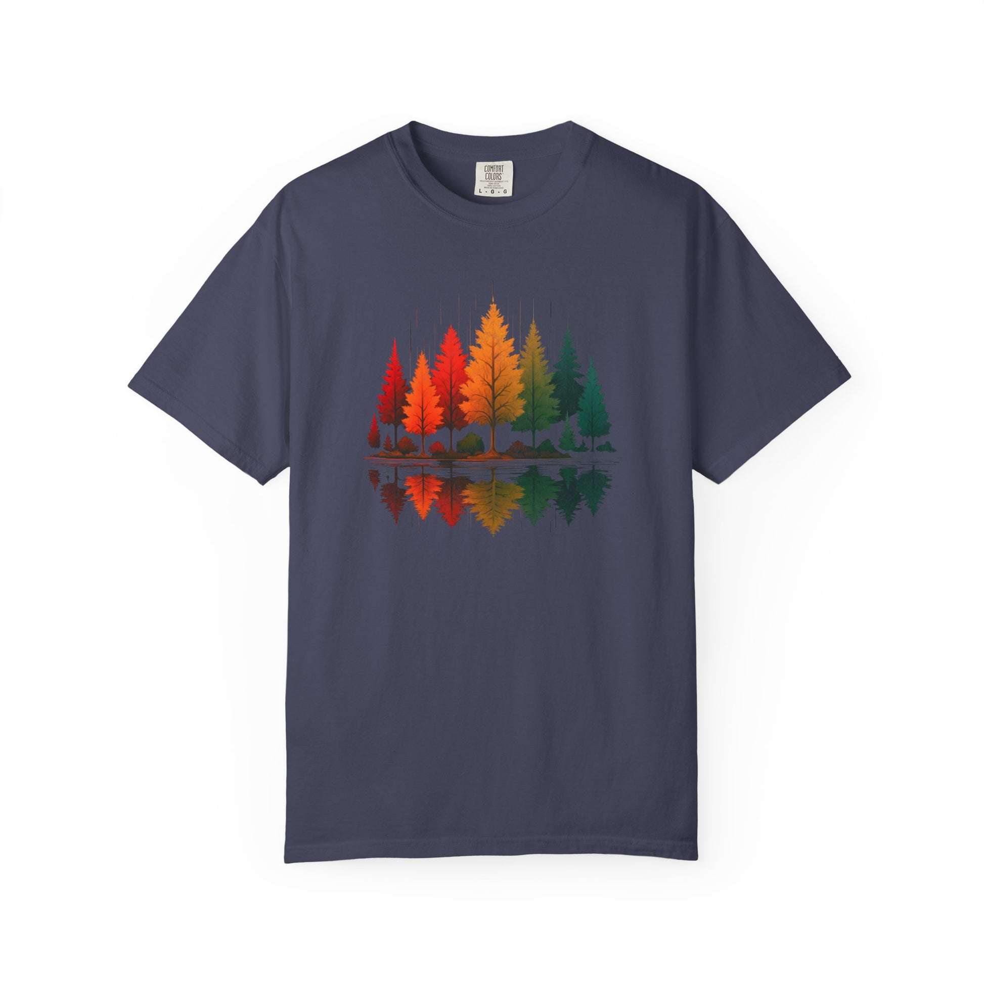 On the front of this custom comfort colors short sleeve shirt is a image of trees in the fall time with all the different fall colors, the trees reflection is right underneath making them look like they are above water.