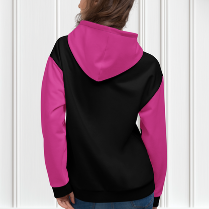 A women's custom oversized handmade hoodie, on the front and the back of the hoodie is the color black, the sleeves, front kangaroo pocket and hood are all a bright pink color, the strings of the sweater are black.