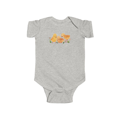On the front upper part of this custom infant short sleeve onesie is an image of three baby chicks with flowers all around the baby chicks.