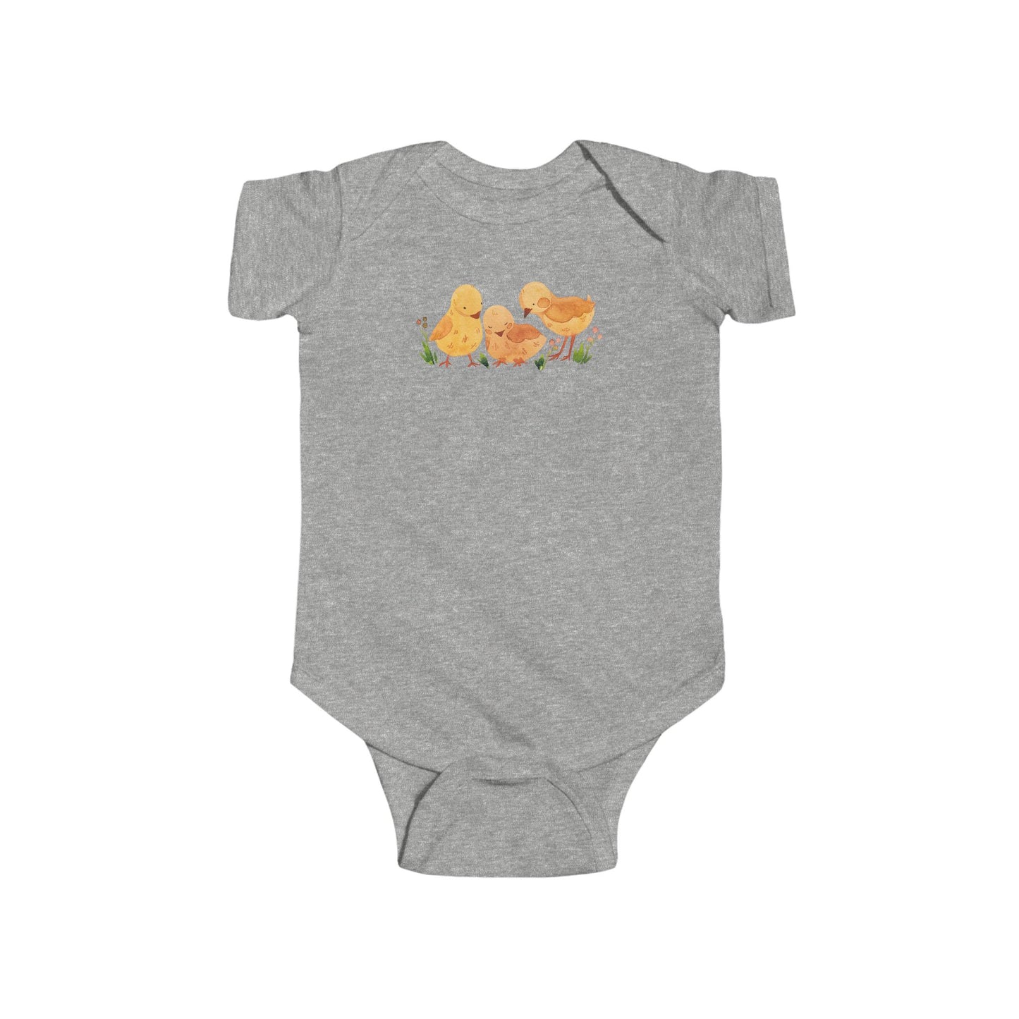 On the front upper part of this custom infant short sleeve onesie is an image of three baby chicks with flowers all around the baby chicks.