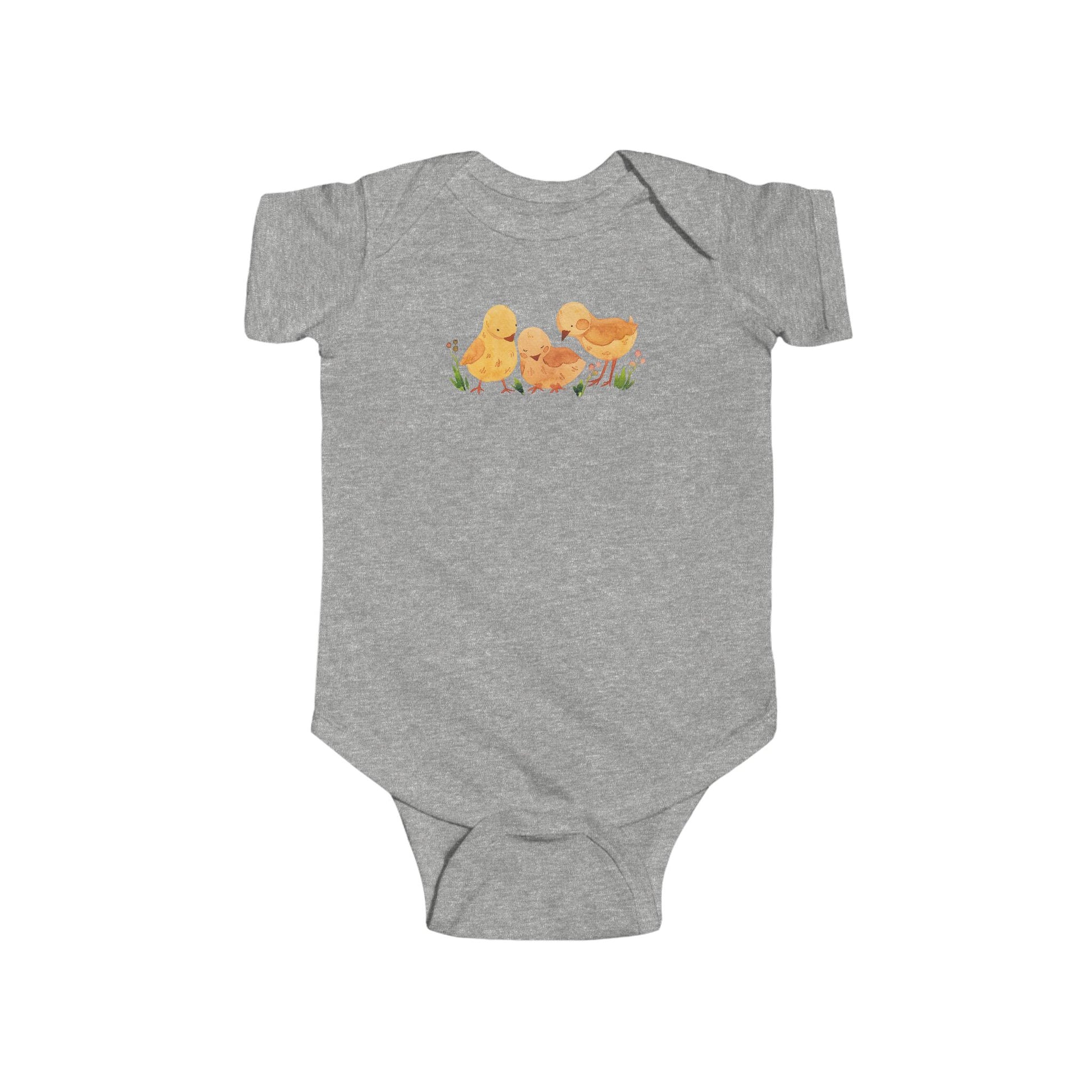 On the front upper part of this custom infant short sleeve onesie is an image of three baby chicks with flowers all around the baby chicks.