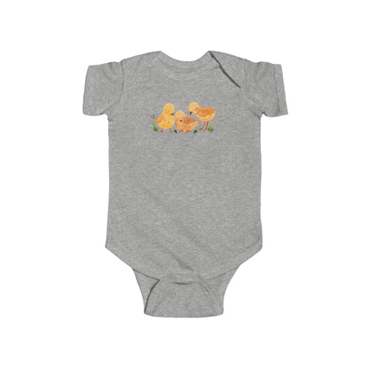 On the front upper part of this custom infant short sleeve onesie is an image of three baby chicks with flowers all around the baby chicks.