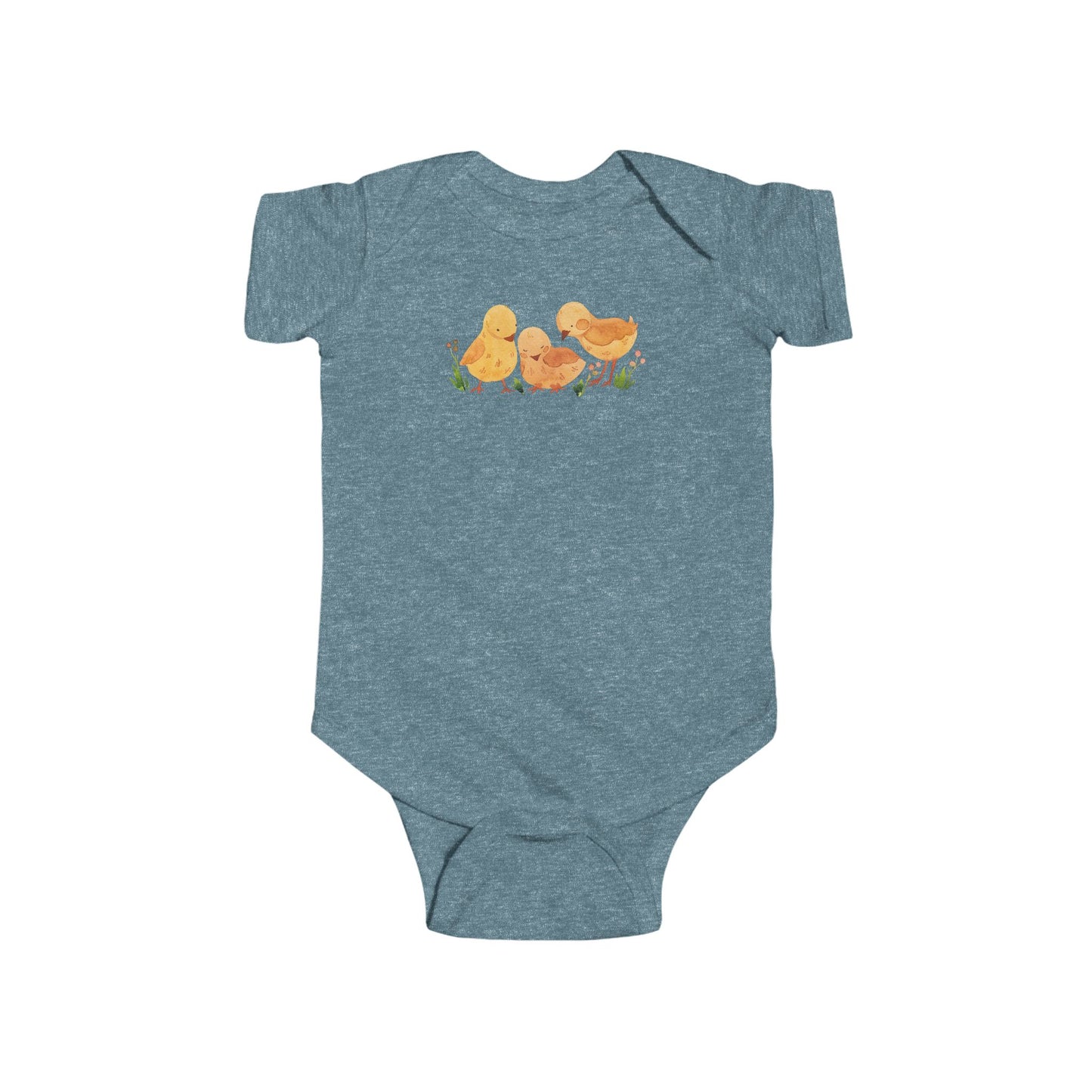 On the front upper part of this custom infant short sleeve onesie is an image of three baby chicks with flowers all around the baby chicks.