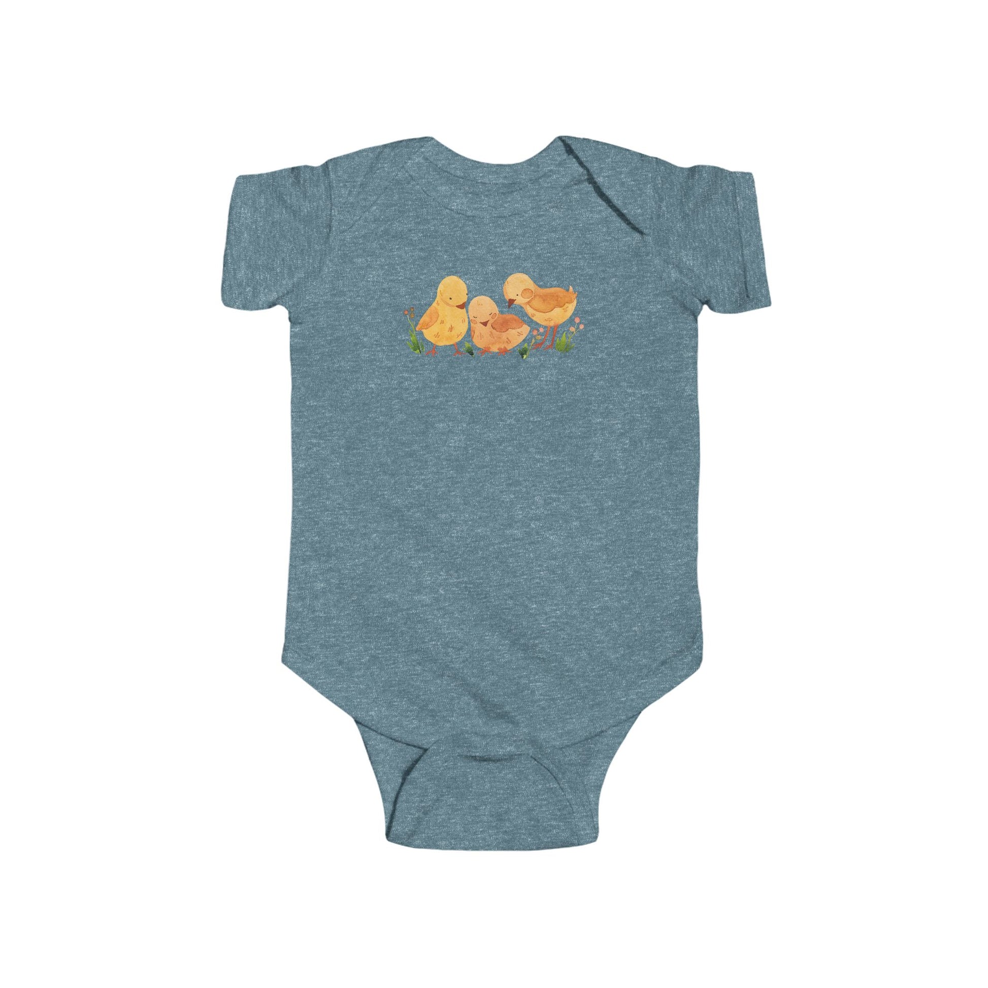 On the front upper part of this custom infant short sleeve onesie is an image of three baby chicks with flowers all around the baby chicks.