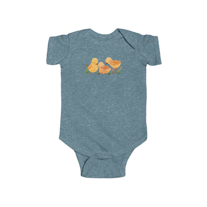 On the front upper part of this custom infant short sleeve onesie is an image of three baby chicks with flowers all around the baby chicks.