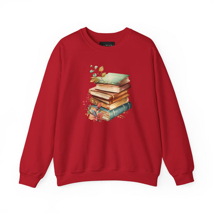 On the front of this custom book lovers sweatshirt is a stack of vintage books with a bunch of wildflowers all around the books.