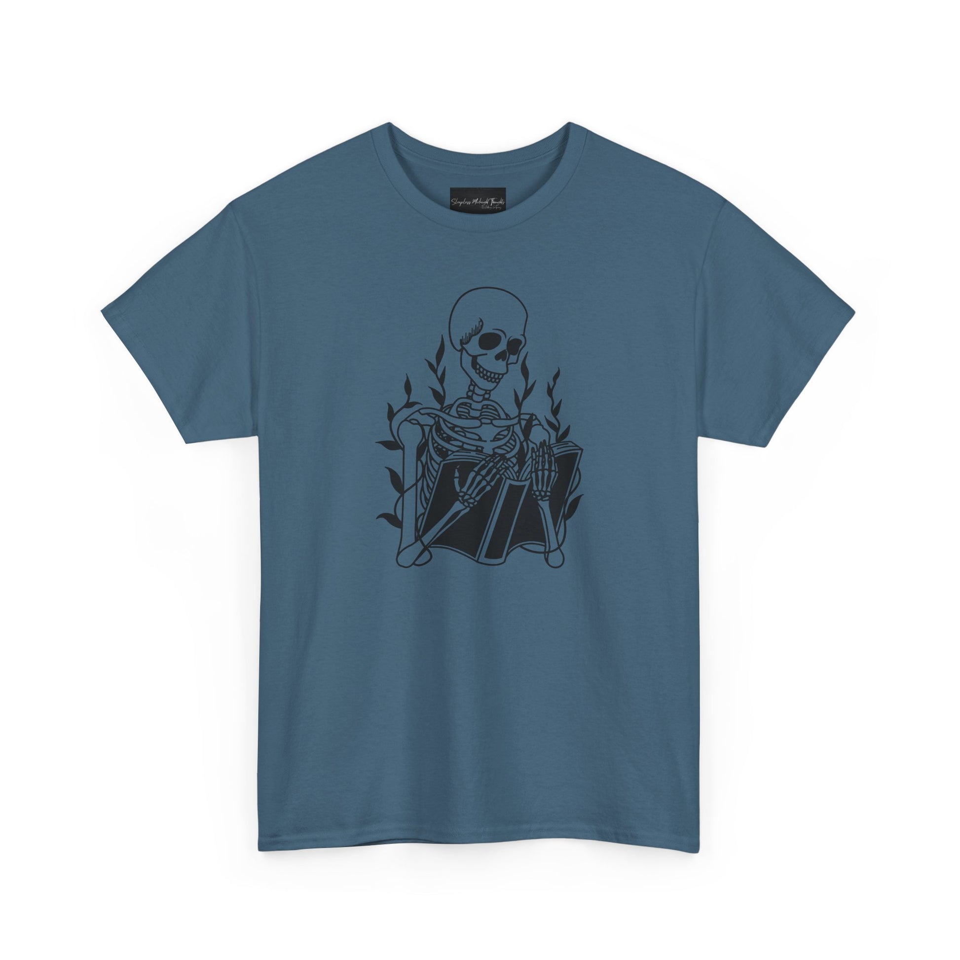 On the front of this custom unisex short sleeve shirt is a large image of a skeleton reading a book, there are vines with leaves on them behind the skeleton.