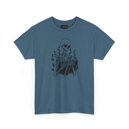 On the front of this custom unisex short sleeve shirt is a large image of a skeleton reading a book, there are vines with leaves on them behind the skeleton.