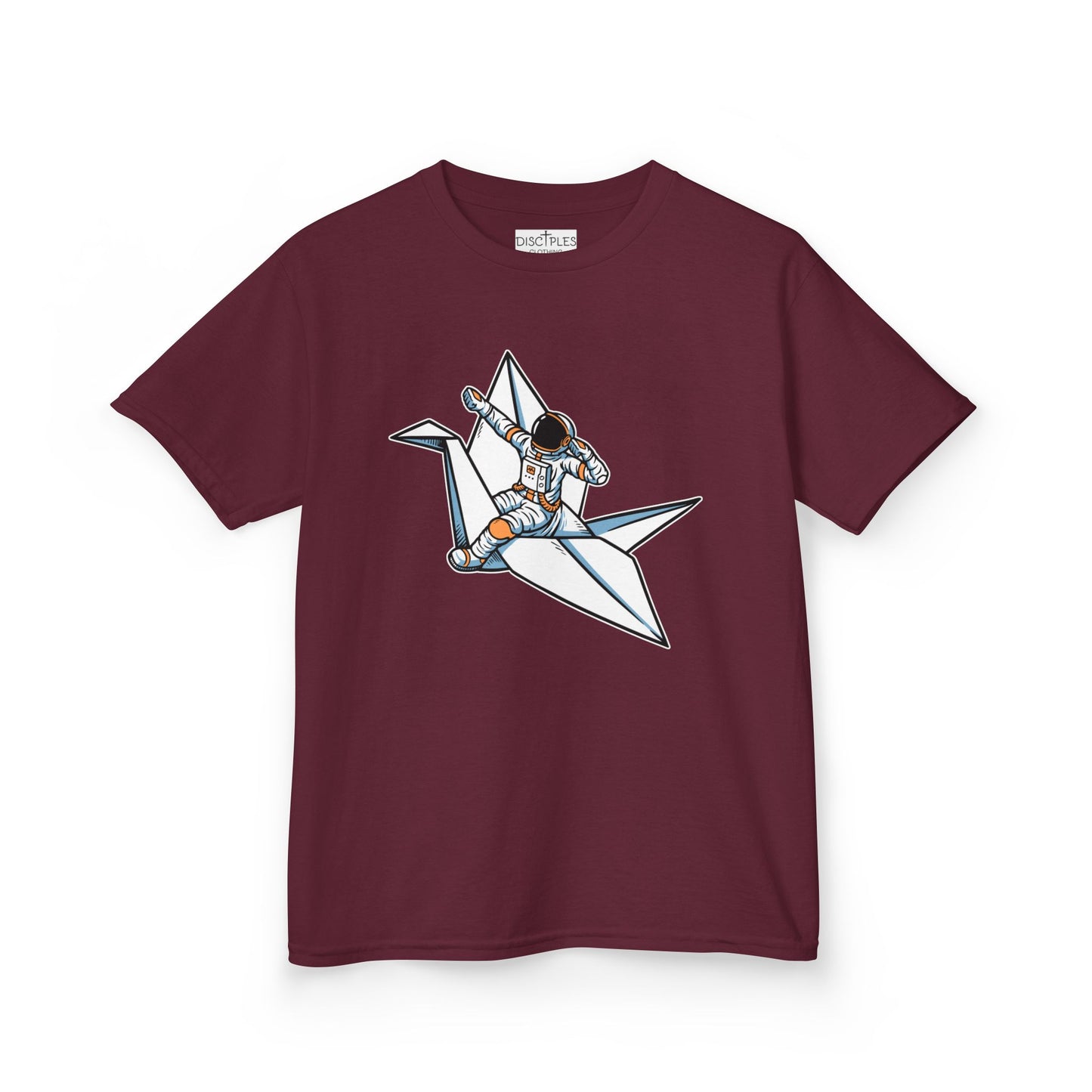 On the front of this custom kids t-shirt is an image of a astronaut flying on a paper plane.