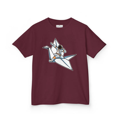 On the front of this custom kids t-shirt is an image of a astronaut flying on a paper plane.