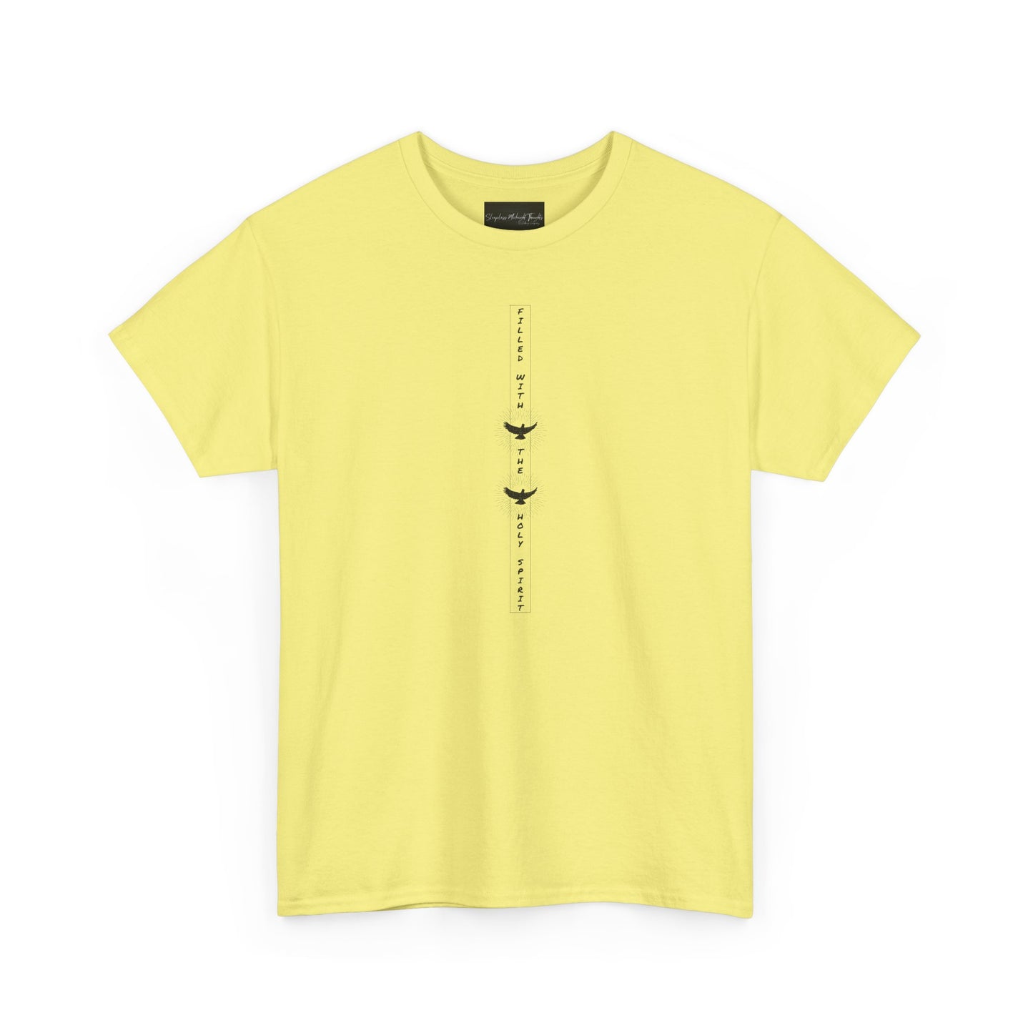 On the front of this custom unisex short sleeve shirt, starting from the neckline horizontally down are the words Filled with the Holy Spirit, there are two doves in-between the words.