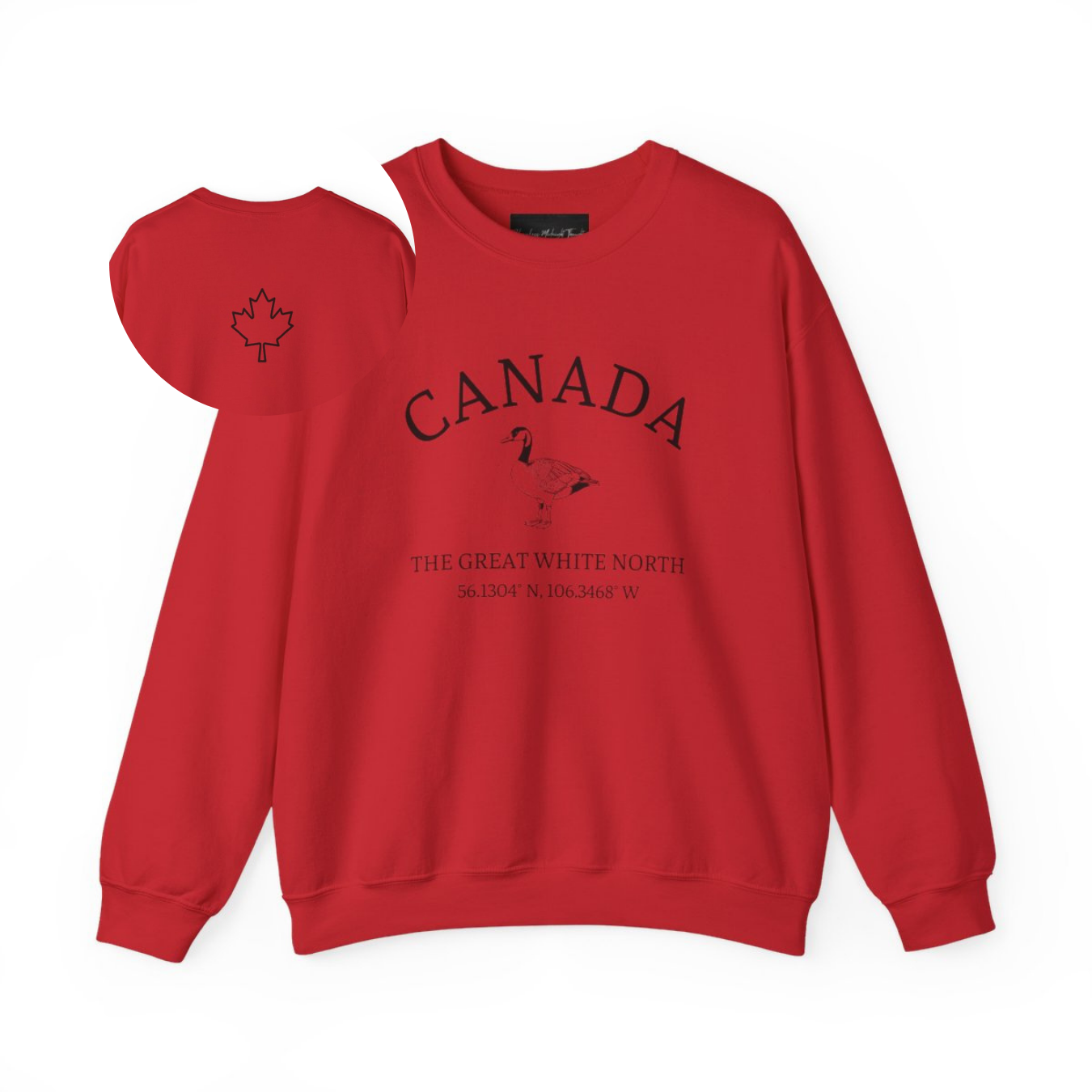 On the front of this unisex super soft Canadian sweatshirt is the word Canada in large text on the top with an image of a Canadian Goose underneath. Under the Goose are the words The Great White North with Canada's geological location under that.