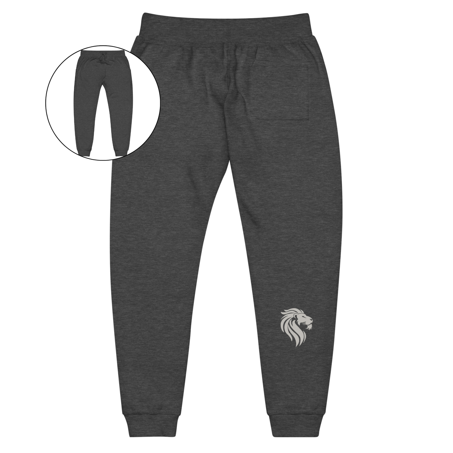 A pair of super soft custom unisex fleece sweatpants with a male lion head on the back calf of the right leg embroidered in silver.