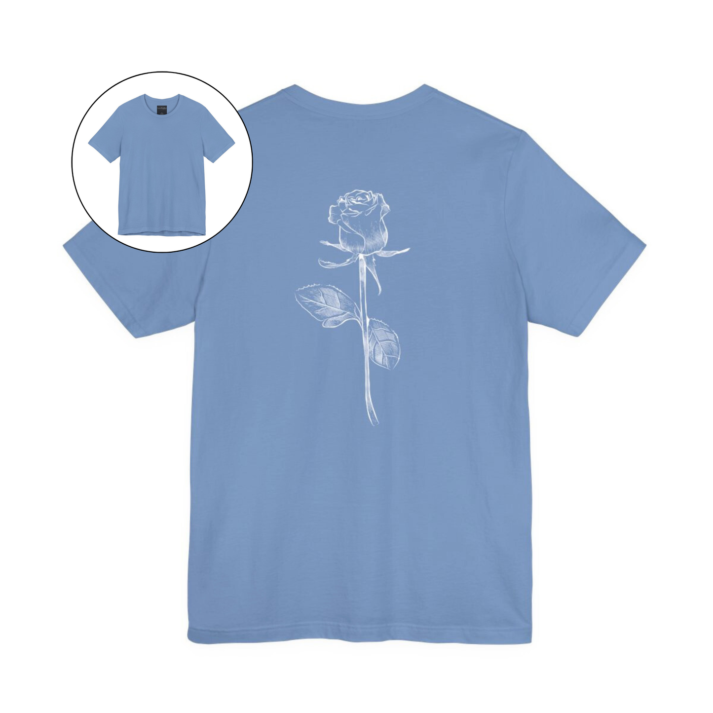 On the back of this custom women's short sleeve shirt is a large rose from the top to the bottom in the center of the back.