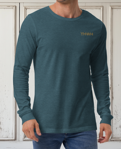 This custom embroidered Christian long sleeve t-shirt features the letters YHWH embroidered on the top left chest in gold thread, giving a touch of elegance to a classic look.