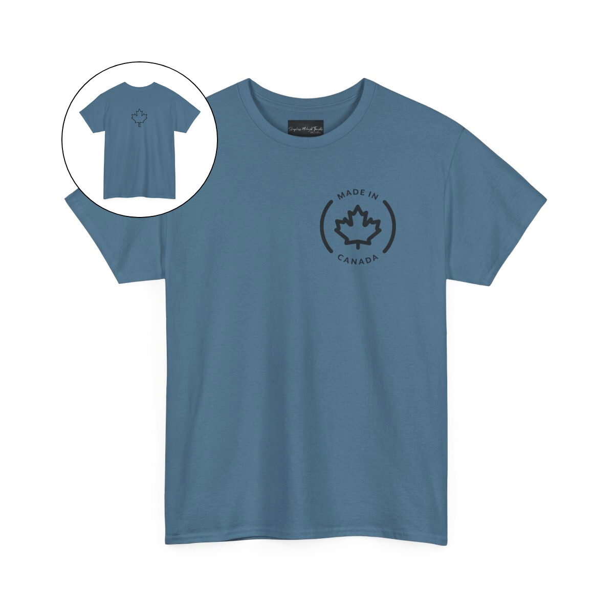 On the front of this custom short sleeve shirt is a circle on the upper left chest of the shirt with the words Made In Canada with a maple leaf in the middle, on the back of the shirt is a maple leaf right in between the shoulder blades.