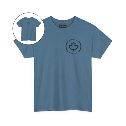 On the front of this custom short sleeve shirt is a circle on the upper left chest of the shirt with the words Made In Canada with a maple leaf in the middle, on the back of the shirt is a maple leaf right in between the shoulder blades.