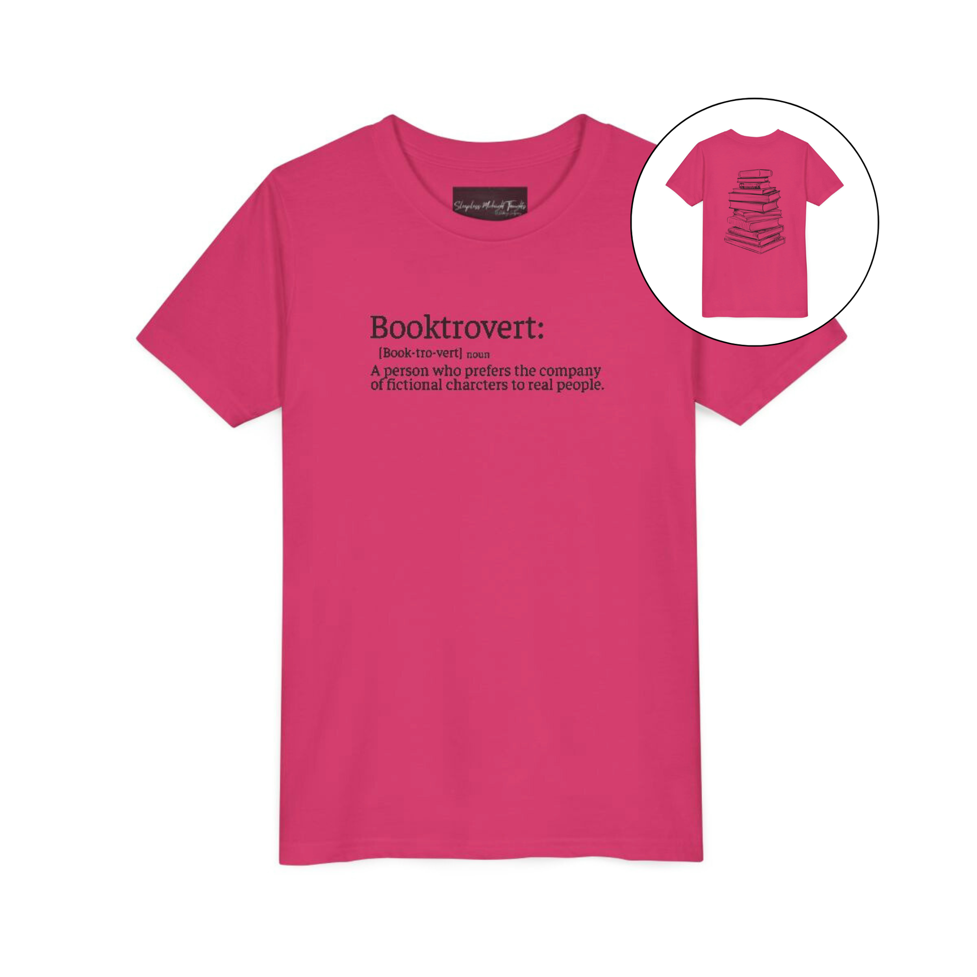 On the front of this custom youth t-shirt it says the word Booktrovert in large letter with the meaning of the words underneath it, on the back of the shirt is an image of a large stack of books.