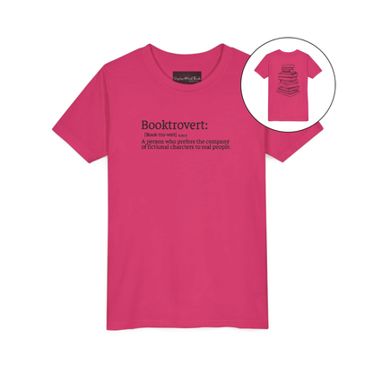 On the front of this custom youth t-shirt it says the word Booktrovert in large letter with the meaning of the words underneath it, on the back of the shirt is an image of a large stack of books.
