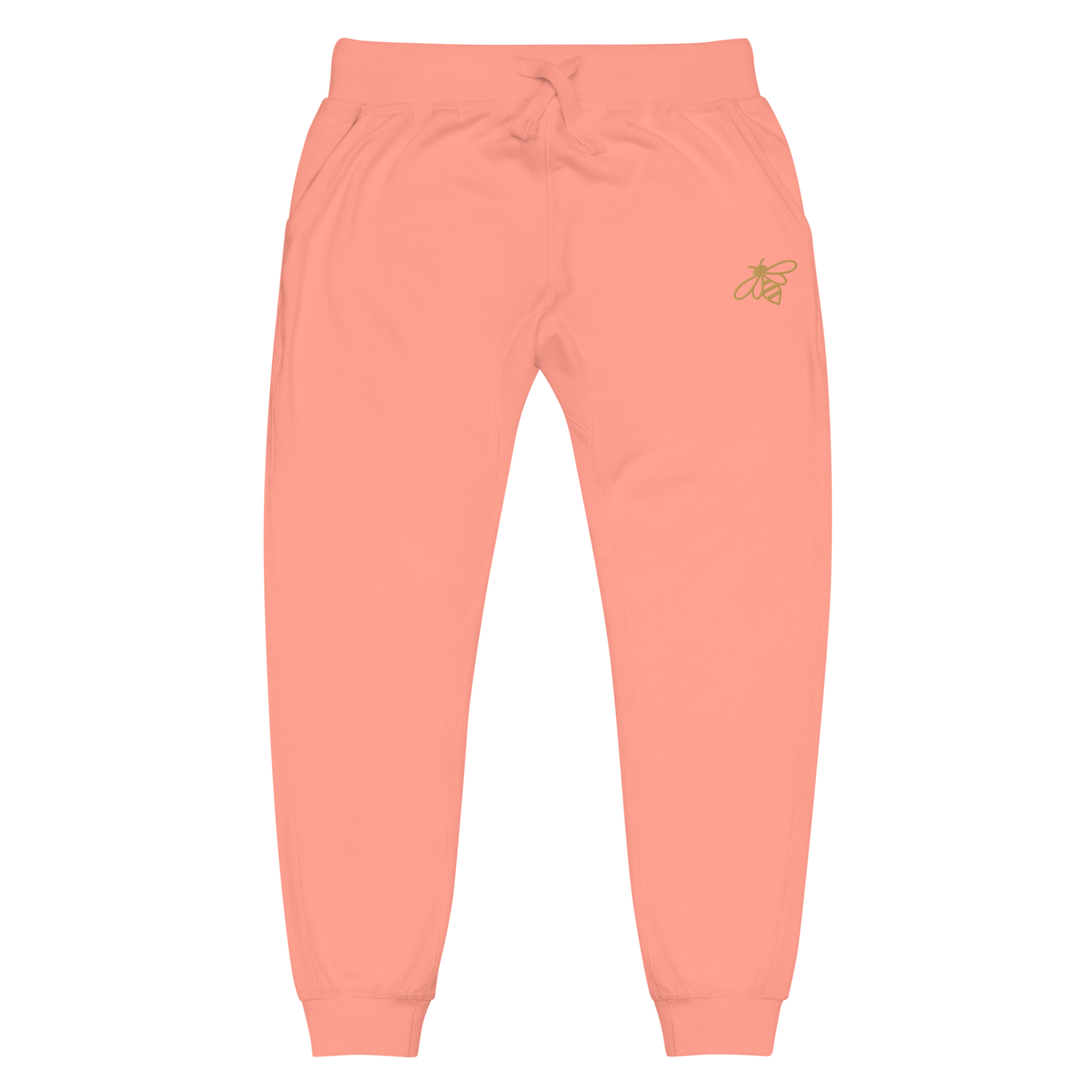 A pair of super soft fleece unisex sweatpants with a bumble bee embroidered in gold over the left front pocket of the pants.