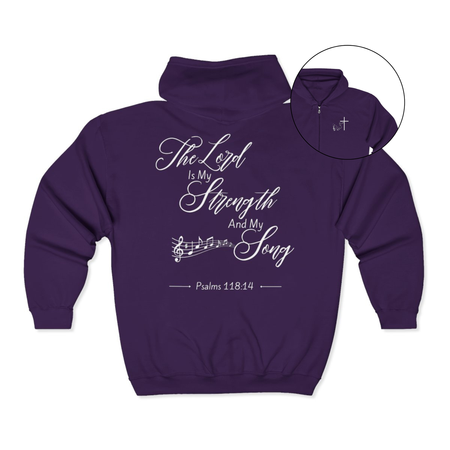 On the front of this custom Christian zip up sweater is a Jesus cross with music notes on the right chest, on the back of the sweater is the scripture the Lord is my strength and my song Psalms 118:14 with music notes underneath the writing.