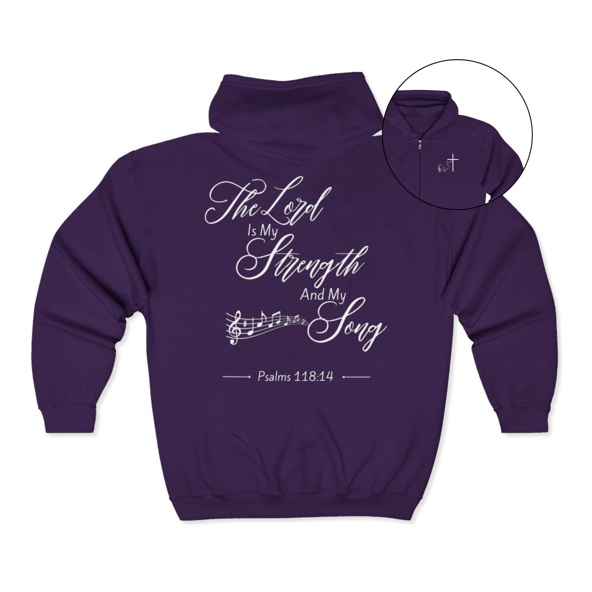 On the front of this custom Christian zip up sweater is a Jesus cross with music notes on the right chest, on the back of the sweater is the scripture the Lord is my strength and my song Psalms 118:14 with music notes underneath the writing.
