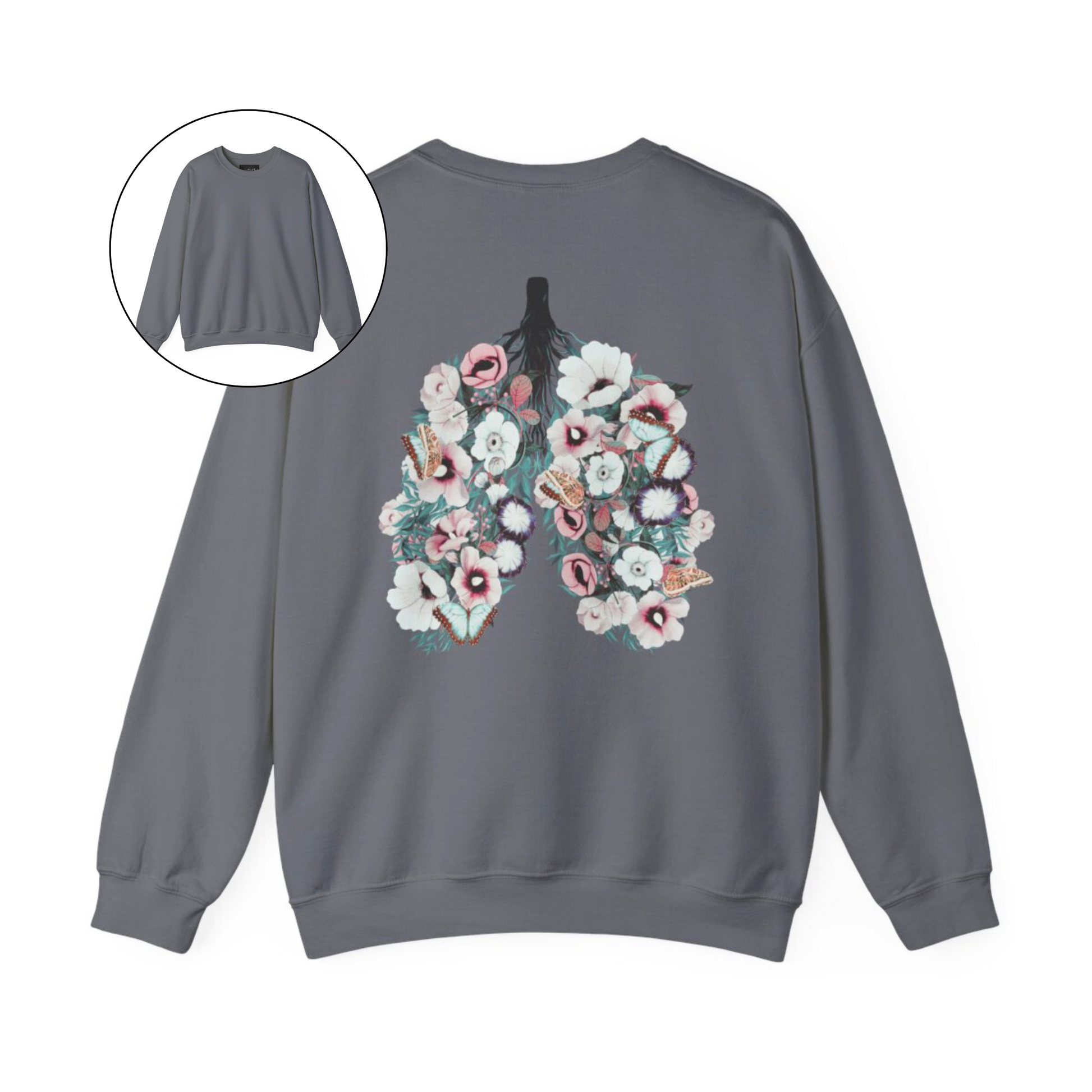 On the back of this women's pullover sweatshirt is an image of a set of lungs, but the lungs are made out of vines with pink and white flowers all over them, there are butterflies sitting in top of the flowers that are light blue in color.