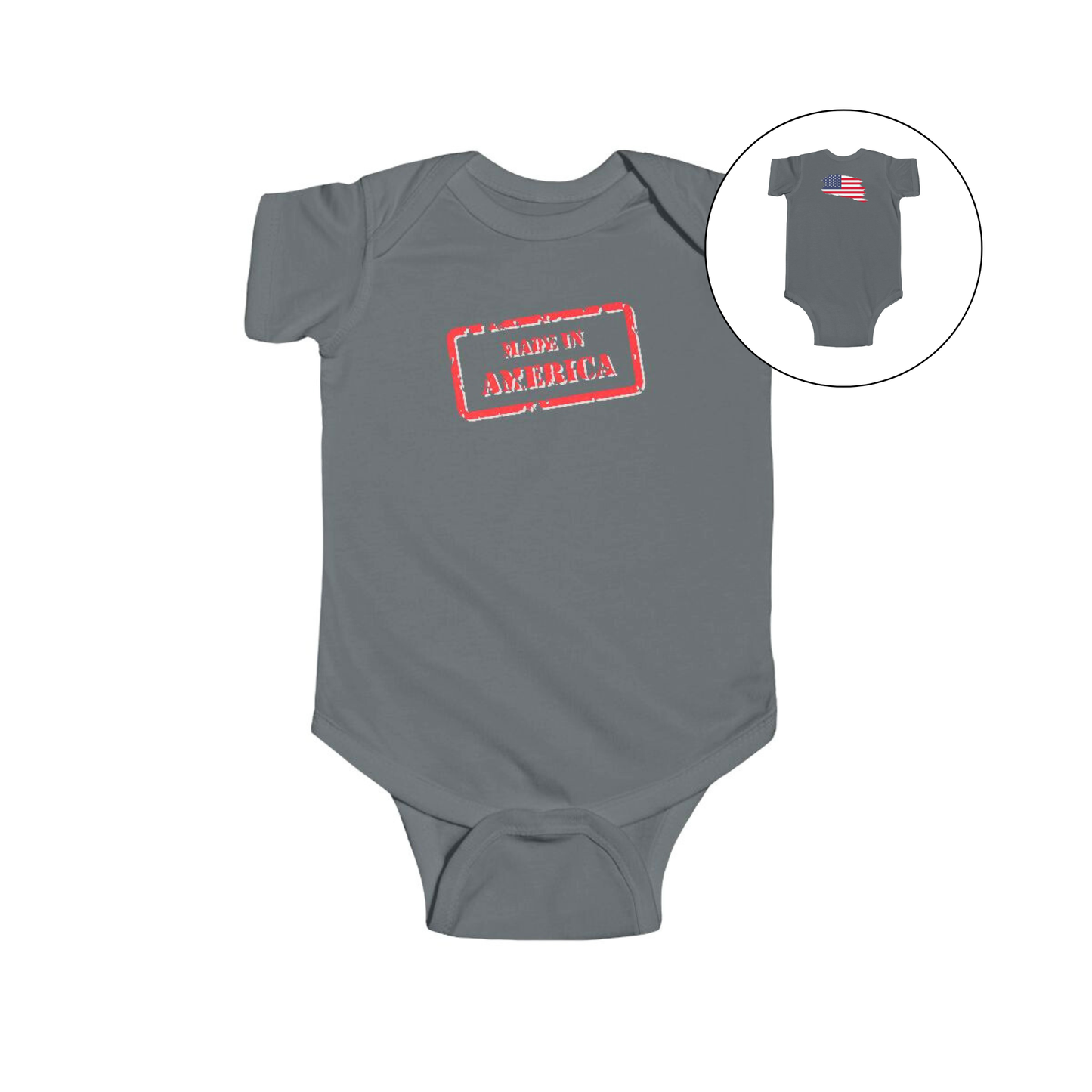 On the front of this custom baby onesie are the words Made In America in a rectangular box that makes it look like a stamp, on the back of this bodysuit is the American flag.
