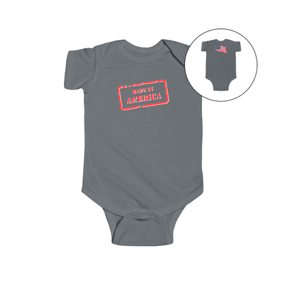 On the front of this custom baby onesie are the words Made In America in a rectangular box that makes it look like a stamp, on the back of this bodysuit is the American flag.