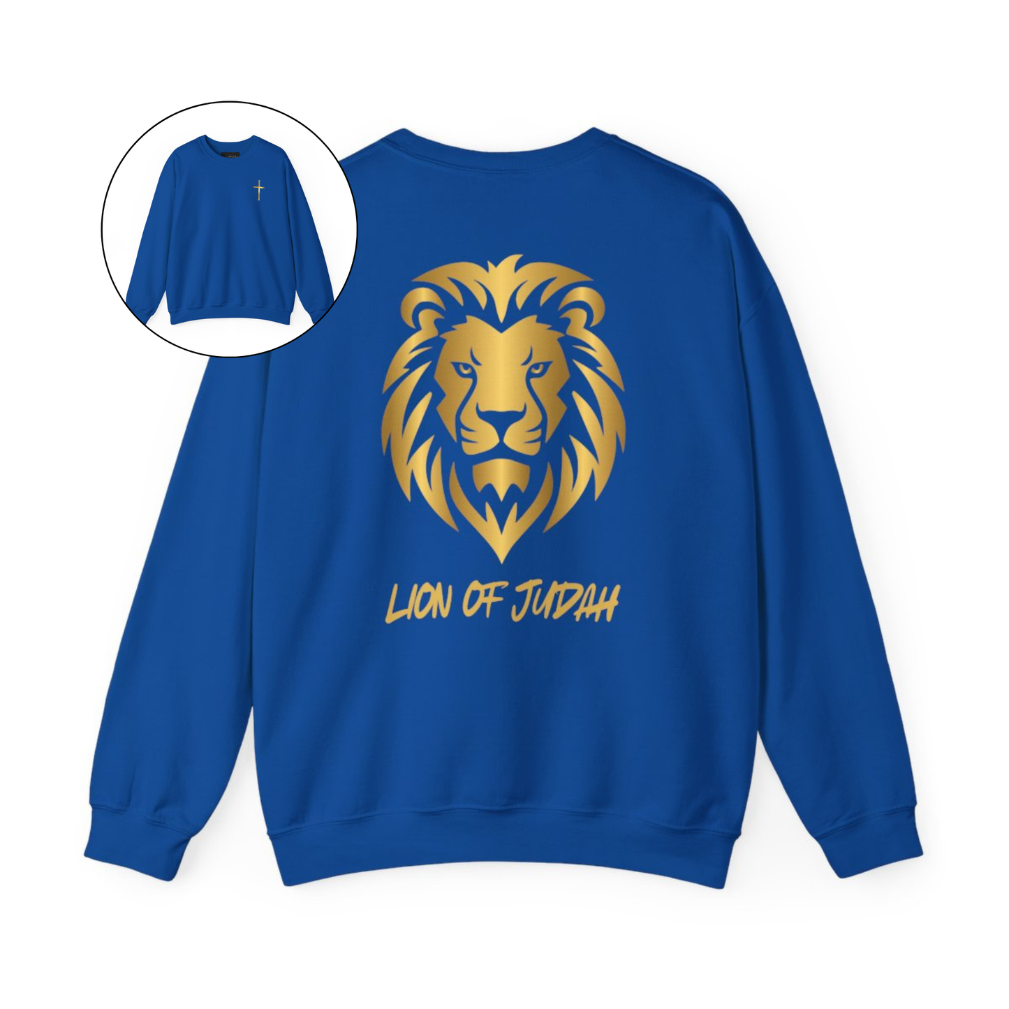 On the front of this custom Christian sweater is a gold Jesus cross on the front left chest, on the back of the pullover is a large gold male lion head with the words Lion of Judah in gold underneath the animal head.