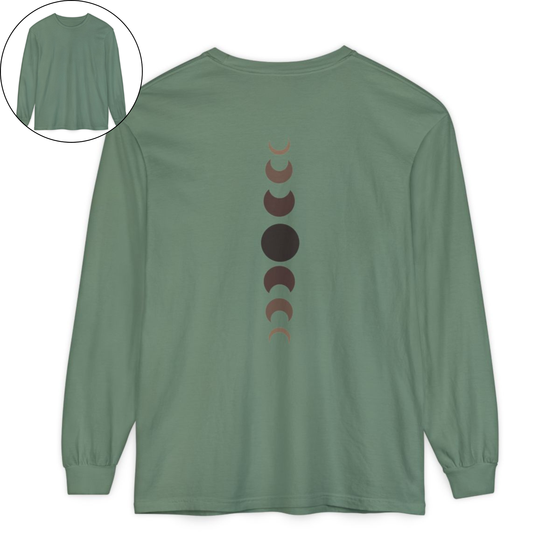 On the back of this custom unisex long sleeve t-shirt from the top of the shirt to the bottom are 7 images of the moon showing the moons cycle, every moon is a different shade of brown.