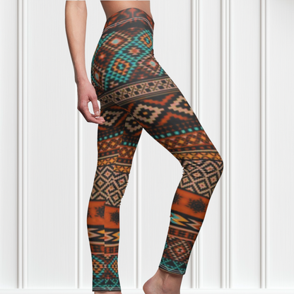 A pair of super soft handmade women's ankle length high waisted leggings. The pattern throughout the entire pair of pants is a orange, brown and blue Aztec pattern from the top of the pants to the bottom of the leggings.