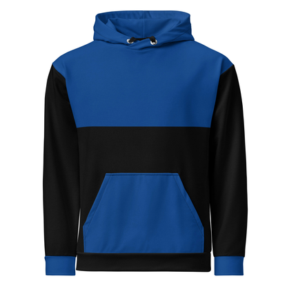 A custom unisex hand sewn hoodie with the top half along with the front pocket being a bright blue color, the rest of the hoodie is black in color,