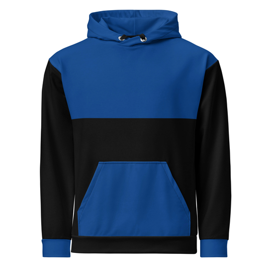 A custom unisex hand sewn hoodie with the top half along with the front pocket being a bright blue color, the rest of the hoodie is black in color,