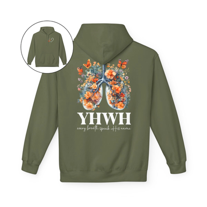 On the front of this custom women's Christian hoodie is a large heart that has a Jesus cross in the center of it, there are two butterflies around the heart. On the back of the sweater is an image of a pair of human lungs made from flowers and butterflies, under the image it says YHWH every breath speaks His name.