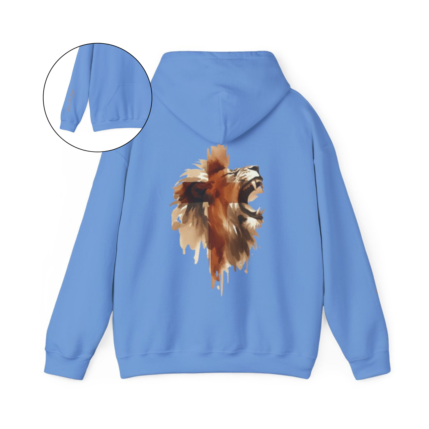 This custom Christian unisex hoodie features a image of a majestic male lion roaring with a Jesus cross overlayed overtop of the lion on the back of the hoodie, the bible verse Have No Fear Psalms 27:1 is on the right sleeve in gold cursive font.