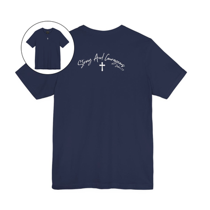 On the front center of this Christian shirt is a small Jesus cross, on the back of the is short sleeve tee is the scripture Strong and Courageous Joshua 1:9