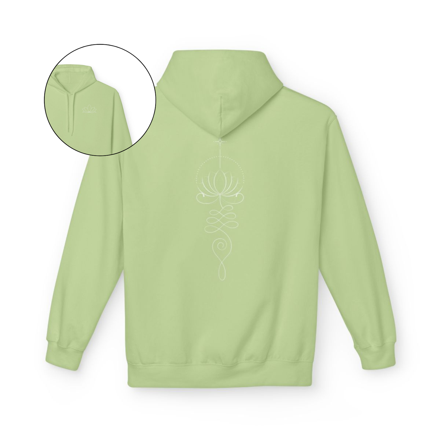On the back of this custom women's hoodie is a unalome design with a lotus flower in the center of it, the design takes up the entire back of the hoodie from the top to the bottom, on the from of the hoodie, over the left chest is a image of a lotus flower.